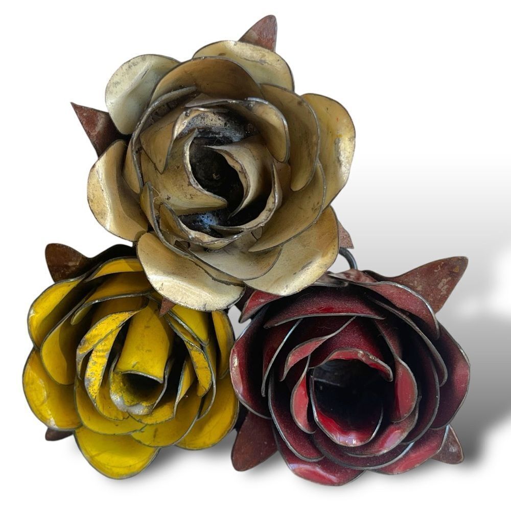 Rustic Painted Forged Metal Decorative Rose Bloom Trio in White Red Yellow - Picture 5 of 16